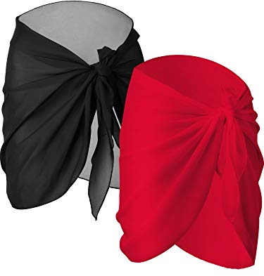 2 Piezas de Pareo de Playa de Mujeres Cubiertas Sarong Falda de Gasa de Bañador (Negro y Rojo)