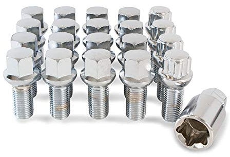 16 x Chrome Wheel Bolts Set with 4 x Locking Nuts for VW Volkswagen Caddy with Genuine Alloy Wheels PN.SFP-16BM14R+B14R141