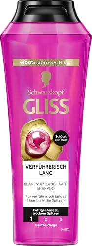 Gliss Shampoo Verführerisch Lang (250 ml), Haarshampoo repariert geschädigte Haarlängen, Pflegeshampoo pflegt trockene Spitzen & befreit von fettigem Ansatz