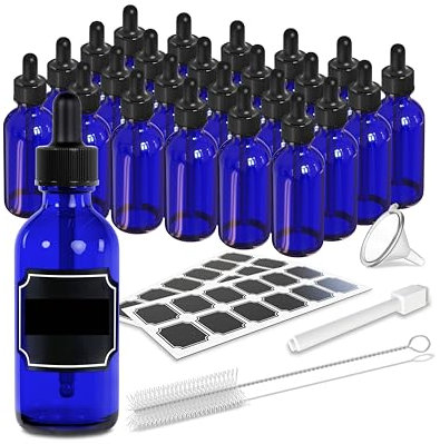 Nevlers Lot de 24 flacons compte-gouttes en verre bleu de 60,7 g | Les bouteilles en verre de cobalt pour le stockage des huiles essentielles comprennent des compte-gouttes, un entonnoir, une brosse
