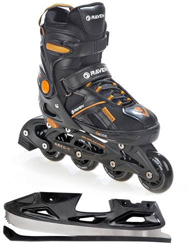 Raven Pulse Inline Skates Inliner für Kinder und Erwachsene OPTIONAL 2in1 mit Schlittschuhen verstellbar (Black/Orange mit Kufen, 37-40 (23,5-26cm))