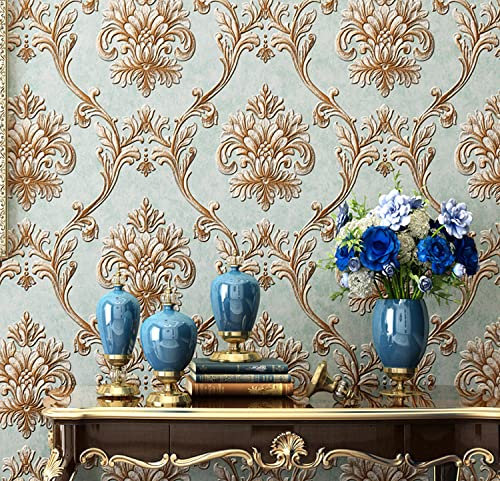Vintage Luxus Gold Damast Tapete, 10 x 0,53 m, 5 Farben, geprägt, strukturiert, Vlies-Wandbilder, Rolle für Schlafzimmer, Wohnzimmer, 5,3 x 5,3 m² (Aqua)