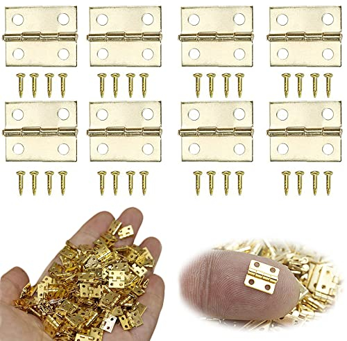Lxoraziy 100 Pieces Small Mini Hinges, Folding Butt Hinges, Miniature Furniture Cabinet With Brass Tack, for DIY Wooden Jewelry Box, Doll Houses, Tool Box (Gold)