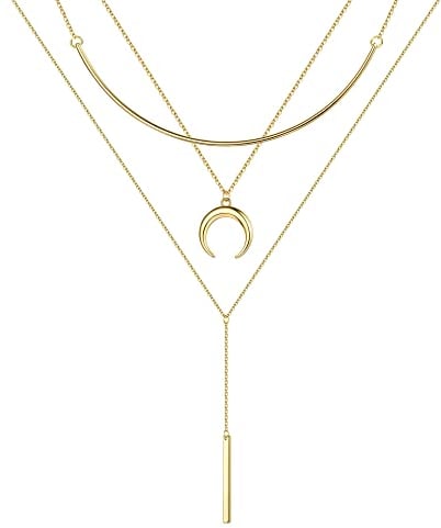 TINGN Boho Kette Damen Gold - 14 Karat Vergoldete Mehrreihige Halskette Mit Halbmond Anhänger, Personalisierte Layering Goldkette, Geschenke Für Frauen