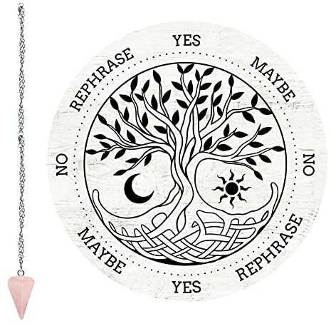 craspire Arbre de Vie Pendule Tableau Divination Divinatoire Métaphysique Message Board 7.9 Pouce Bois Carven Board avec Cristal de Quartz Rose Pendule de Radiesthésie