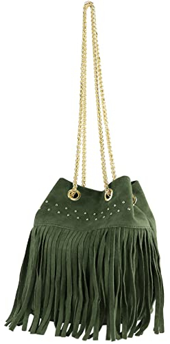 modamoda de T244 Damen Schultertasche Wildleder mit Fransen und Goldkette handmade in Italy, Farbe:Flaschengrün