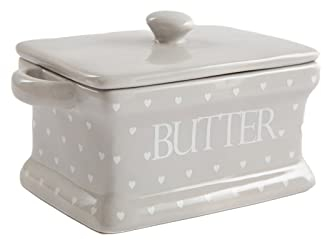 Ceramic Retro Shabby Chic Butter Dish with Lid - Grey and White Heart Design - 18.5 cm