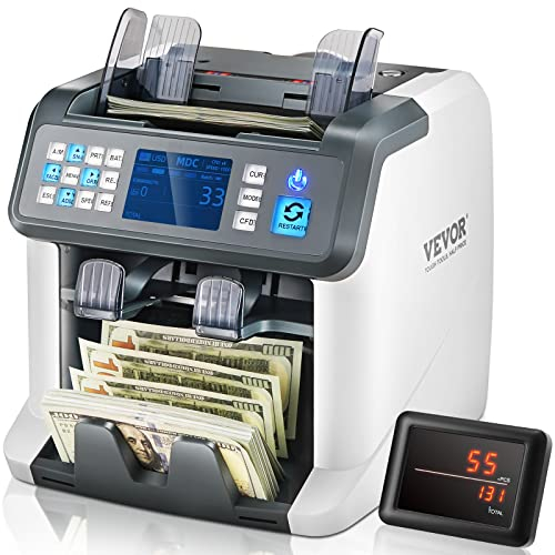 VEVOR Geldzählmaschine, Banknotenzähler mit Gemischten Nennwerten, 2CIS, SN, UV, IR, MG, DD Falschgelderkennung, Mehrere Währungen, Wertzähl- und Sortiergerät, Drucker Aktiviert