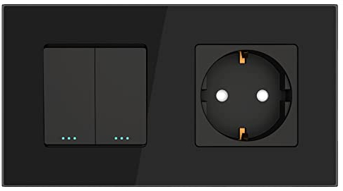 PULSAR Lichtschalter mit Steckdose Unterputz Schwarz Glas, Kombination 2-Fach mit Glasrahmen, Serien-Schalter 1-Weg und Schutzkontakt-Steckdose 16A, 157 x 86mm