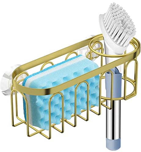 OUSIKA 2-in-1 Sponge Holder for Kitchen Sink, Suction Cup Sponge Rack Kitchen Sink Caddy, No Drill Rustproof Kitchen Sink Organizer for Place Dishwashing Brush Soap and Sponge (Color : Gold, Size :
