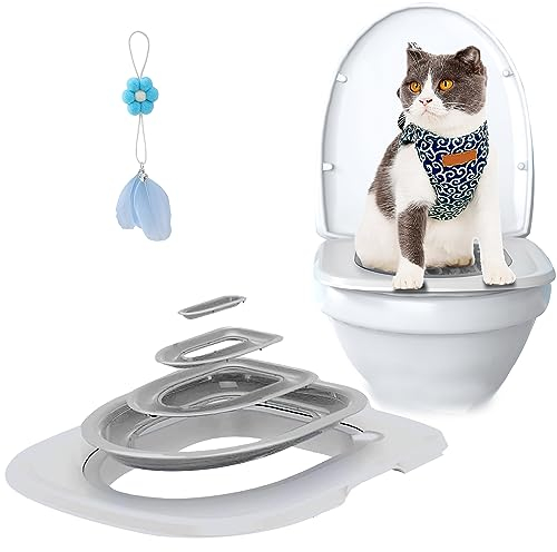 Cat Toilet Training System - Reusable Plastic Trainer Kit With Replaceable Feather Toy, Teach Pet to Use Toilet (White Tray, 1 Gray Inner Support)