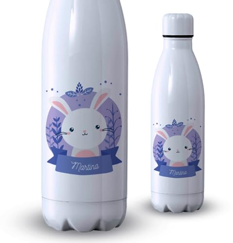 Botella personalizada con diseño conejito y texto 500ml | Botella de agua acero inoxidable térmica de doble capa | Libre de BPA y reutilizable | Bebidas frías 24h y calientes 12h