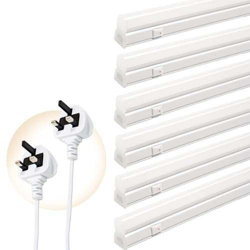 Qsmile LED Batten Lights with UK Plug, 6-Pack 4FT 18W 2200lm Garage Lighting, T5 4000K Workshop Lighting, Connect Up to 6 LED Tube Lights, Office Lighting with On/Off Switch, Light Fixture