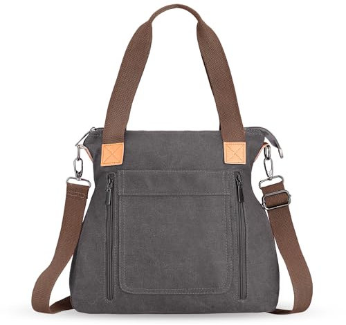 HAWEE Canvas Damen Handtasche mit Schultergurt Shopper Tote Bag Große Schultertasche Umhängetasche RetroTragetasche Leichte Henkeltasche für Reisen Arbeit Schule Einkaufen Strand Alltag, Grau