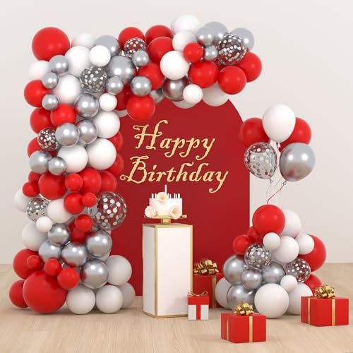 Red White Silver Balloon Garland Arch Kit, 122PCS Red White Balloons Metallic Silver Balloons for Women Brithday Wedding Anniversary Engagement Bridal Shower Happy New Year Christmas Party Decorations