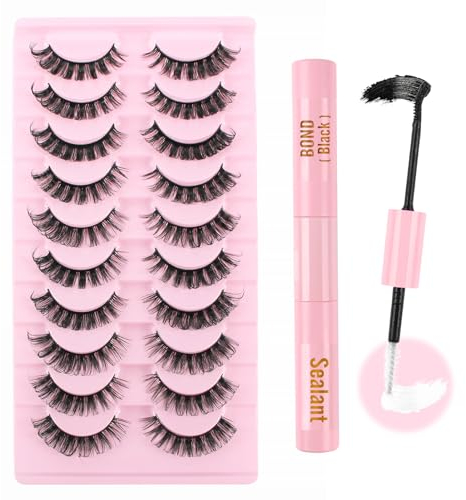 Parriparri Faux Cils Volume Russe Cils avec Bond et Seal 3D Russian Strip Lashes avec Colle 10 Paires Faux Cils Naturel Dramatique Fluffy Eyelashes Volumineux Fake Lashes