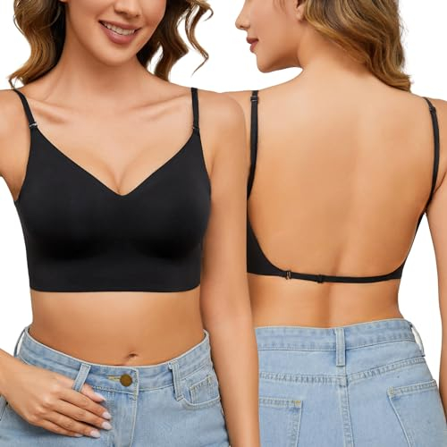 PASUDA BH mit Niedrigem Rücken für Frauen Nahtloser Rückenfreier Damen Ohne Bügel V-Ausschnitt Unsichtbarer Bralette Komfort Weicher Bügelloser Unterwäsche Abnehmbar Träger (Schwarz, S)