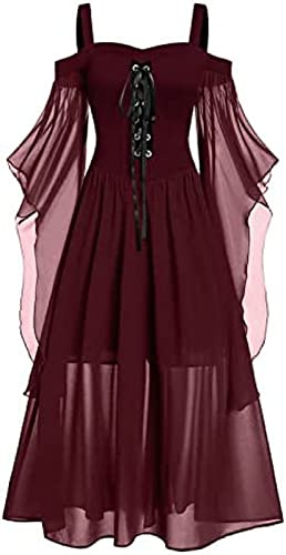 Yeehliny Mittelalter Kleid Damen Renaissance Mittelalter Kostüme Kleid Trompetenärmel Gothic Retro Kleid Halloween Fasching Karneval Kostüm Vintage Mittelalterkleid für Damen