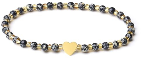 MetJakt Handgemachter Naturstein Perlenarmband 4MM Mini Stretch Armband Energiearmbänder 18k vergoldet Herz Armbänder für Damen Damenschmuck Echtes (Schwarz Gelber Meeresablagerungs-Jaspis)