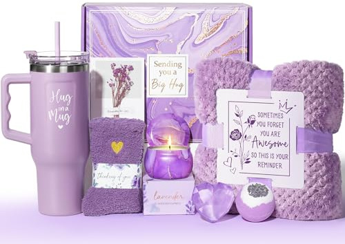 Birthday Gifts for Women Self Care Gifts Get Well Soon Gifts Lavender Relaxing Spa Gifts Care Package Unique Anniversary Gifts Basket Kit with Flannel Blanket for Mother Wife Bset Friends Sisters Her