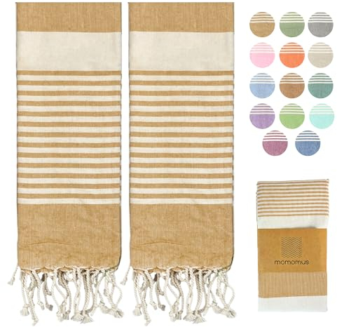 MOMOMUS Pack von 2 Fouta XL oder Strandhandtuch Baumwolle 100% - Saugfähig, Ultraweich, Kompakt - Ideal als Strandtuch, Hamamtuch und Saunahandtuch - Senf, 90x180cm