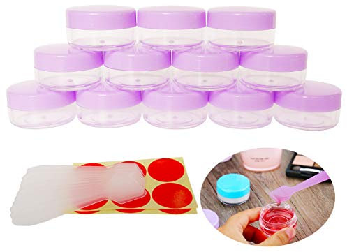 Wopanxye 12 tarros pequeños vacíos de muestra de 10 gramos, 10 ml, recipiente de cosméticos recargable, tapa redonda de plástico, tapa de rosca morada, botella pequeña de 10 g, tamaño de viaje para