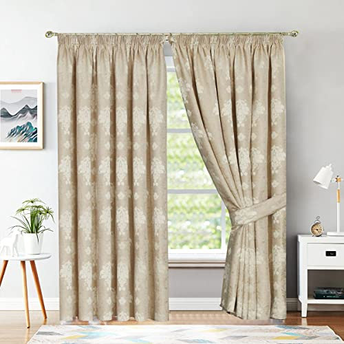 PRIME LINENS Curtains for Living Room Pencil Pleat Jacquard Curtains Fully Lined Modern Panels for Bedroom with 2 Free Tie Backs (W 46'' x L 54'', Beige)