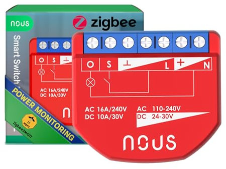 NOUS ZigBee Smart Switch Module mit Leistungsmessung, 1 Kanal, AC 16A/DC 10A, ZigBee 3.0 Hub erforderlich, Kompatibel mit Alexa, Google Assistant, Home Assistant, Tuya Smart Life App