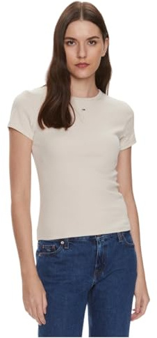 Tommy Jeans Damen T-Shirt Kurzarm Essential Rib Slim Fit, Elfenbein (Newsprint), S