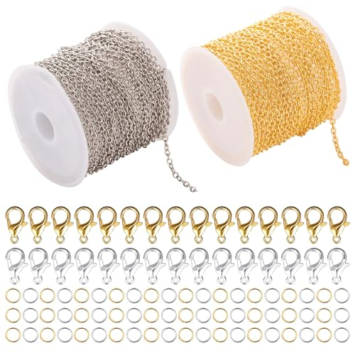 YUESIKJ 2 x 5 m link chains, sold by the metre, in gold and silver mix for DIY chain making and jewellery making, chain band with 60 rings and 30 lobster clasps, ideal for creative projects