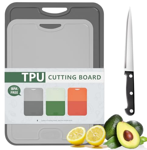 Gintan Confezione da 2 taglieri flessibili in TPU, senza BPA, con lama e scanalatura, taglieri flessibili antigraffio per la cucina, lavabile in lavastoviglie, manico antiscivolo(Grigio)