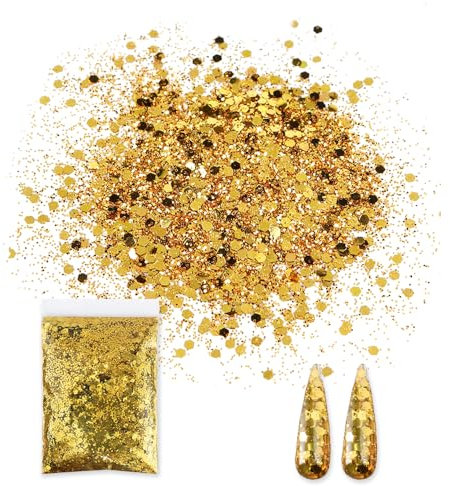 Bieiyhe 50g Glitzer Pailletten Gold Kosmetik Make Up Glitzer zum Basteln Streuglitzer Gesicht Glitter Pulver Farben Glitter Chunky Glitzer Set Pailletten für Körper Glitter Nagelkunst für Musik