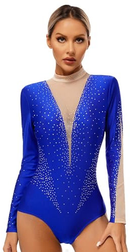 MSemis Damen Glänzende Gymnastikanzug Langarm Ballettanzug Eiskunstlauf Body mit Strass Einteiliger Tanzbody Leotard Wettbewerb Tanzkostüm Blau M