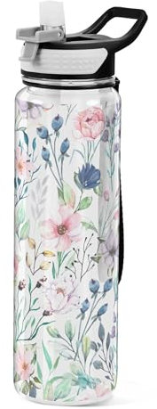 Sevdomey Watercolor Floral Water Bottle with Straw Lid Clear Leakproof Gym Water Bottles for Outdoor Sport Drinking Fitness Workout Travel, 32 oz