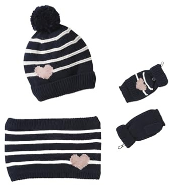 Vertbaudet Mädchen-Set: Mütze, Rundschal & Handschuhe Streifen/Herzen marine 104/116