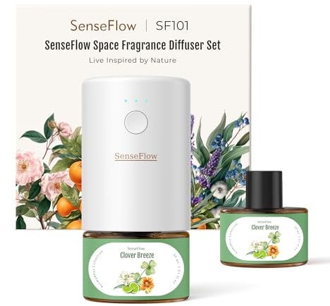 SenseFlow Aroma Diffuser für Ätherische Öle SF101, Wasserloser Ultraschall Duftstecker Raumduft, 100% pflanzlich Lufterfrischer, 120-Tage Aroma für Zuhause, Hotel - bis zu 100 m² - Kleeblattbrise