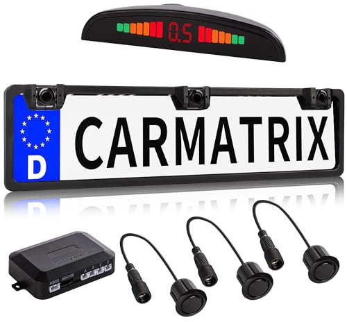 CARMATRIX Funk Einparkhilfe mit 3 PDC Sensoren Universal rückfahrwarner im Kennzeichen Nummernschild Kennzeichenhalterung kabellos hinten schwarz lackiert mit Farb Display