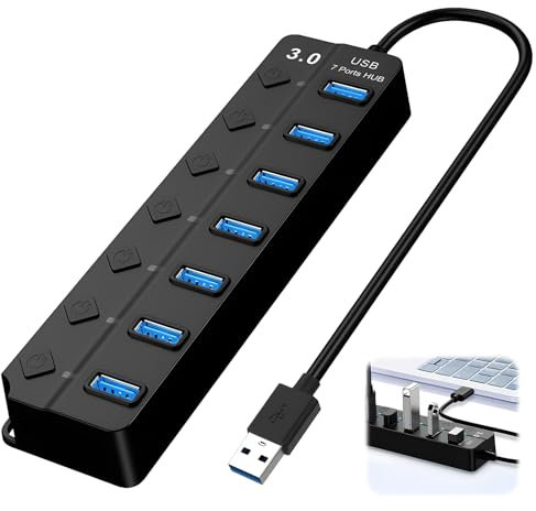 7-Port USB 3.0 Hub Multiport USB Splitter with Individual Switches Lights High-Speed Portable Adapter Extension Data Hub for Apple MacBook iMac PC Windows Laptop Flash Drives Printer and More