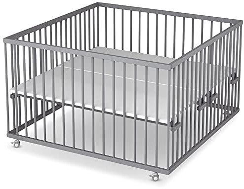 Sämann Laufstall Baby mit Matratze Cloud Air | TÜV geprüft | stufenlos höhenverstellbar | Laufgitter Premium | Babybett aus Holz | Krabbelgitter (grau, 120x120 cm)
