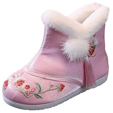 Generico Scarpe Trekking Bambino Stivali Gomma Bambina Scarpe per bambini Stivali invernali in cotone Stivali vintage in stoffa ricamati Peluche all'interno Stivaletti Gomma Bambina (Pink, 23 Toddler)