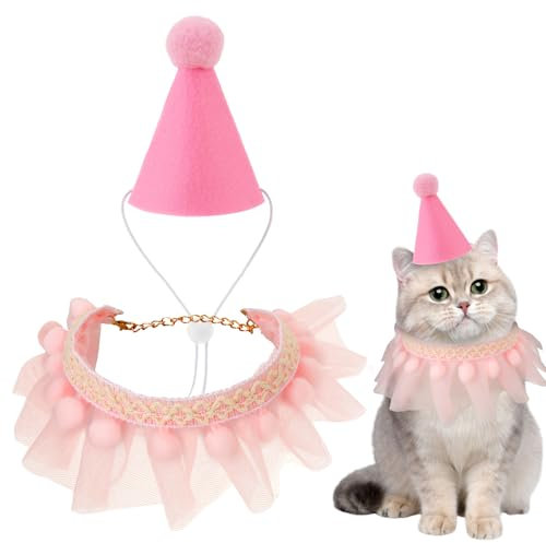 Rosa Geburtstagsmütze Schal-Set für kleine Hunde und Katzen Haustier Geburtstag Bandana Geburtstag Partyhut Geburtstagsset mit Headwear Kostüm Happy Birthday Dekorationen Besticktes