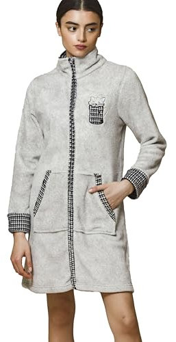 Pigiamiamoci Vestaglia Donna Invernale in Pile Coral Corta Calda e Morbida cappuccio Zip Bottoni Taglie S-XXL (IT, Testo, S, Regular, Regular, GRIGIO PIED DE POULE)