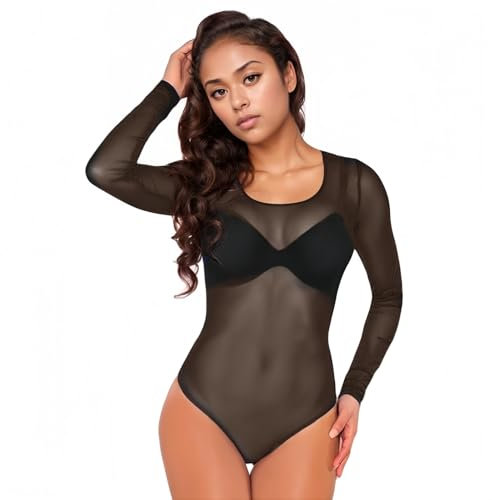 TouKingda Women Bodysuit Long Sleeve Stretchy Sheer Mesh See Through Round Neck Slim Fit Sexy Black Jumpsuit Leotard Top Clubwear XL