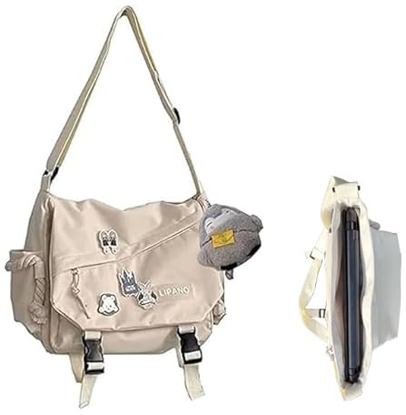 Inshere Aesthetic Crossbody Bag with Cute Pins and Ornament, Nylon Laptop Bag Japanese Kawaii Bag for Women Men Beige