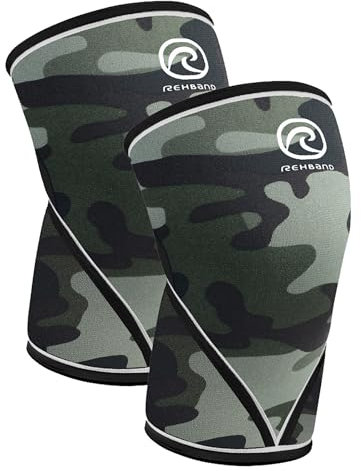Rehband V-Kniebandage für Kraftsport 7mm aus SBR/Neopren, wettkampfgeeignet Powerlifting Bandage, Knee Sleeves Gym, Crossfit, Fitness & Gewichtheben, Farbe:Camo - 1 Paar, Größe:M