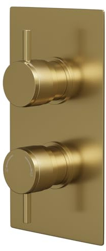 Wholesale Domestic Colore Round Brushed Brass Concealed Twin Thermostatic Shower Valve with Diverter and Half Knurled Control Handles - 2 Outlet