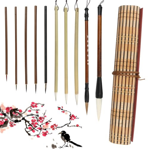 10 Pièces Pinceaux de Calligraphie Chinoise, Pinceau Kanji Sumi Japonais, Pinceau D'écriture, Pour L'écriture, Le Dessin, Kanji Sumi, L'aquarelle(10 Tailles avec Sac à Pinceaux)