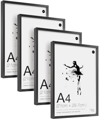 LIVINGTASTE 4 Stück Bilderrahmen A4 - Aluminium Schwarz Rahmen | gebürstet mit gehärtetem Glas fur 21x29.7 cm Fotos Fotorahmen für Poster und Wohnzimmer Kinderzimmer Deko Galerie