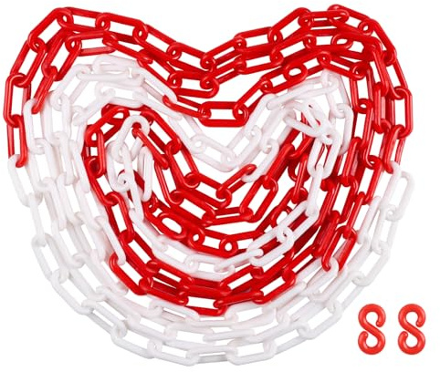 SWAWIS 10m Absperrkette Kunststoff, 8mm DickeRot-Weiße Kunststoffkette, Warnkette mit S Haken, Gliederkette SicherheitsKette für Baustellen Straßen Garagen, Leicht und Flexibel zu Bedienen