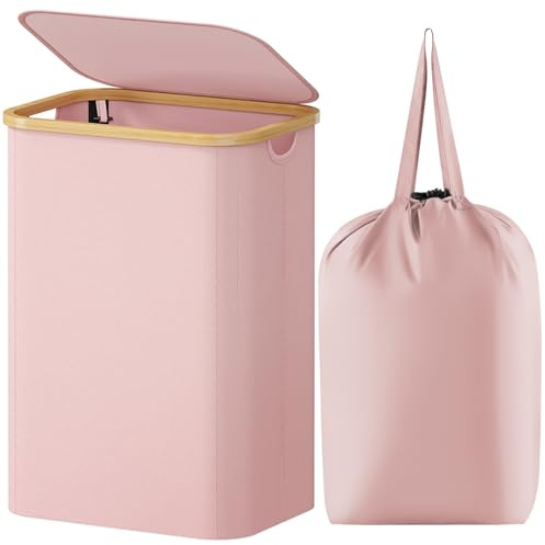 Lifewit 80L Laundry Basket with Lid, Foldable, Bamboo Handles, Pink | Dirty Clothes Bin with Removable Bag, Large Washing Basket for Bedroom, Bathroom, Dorm and Laundry Room